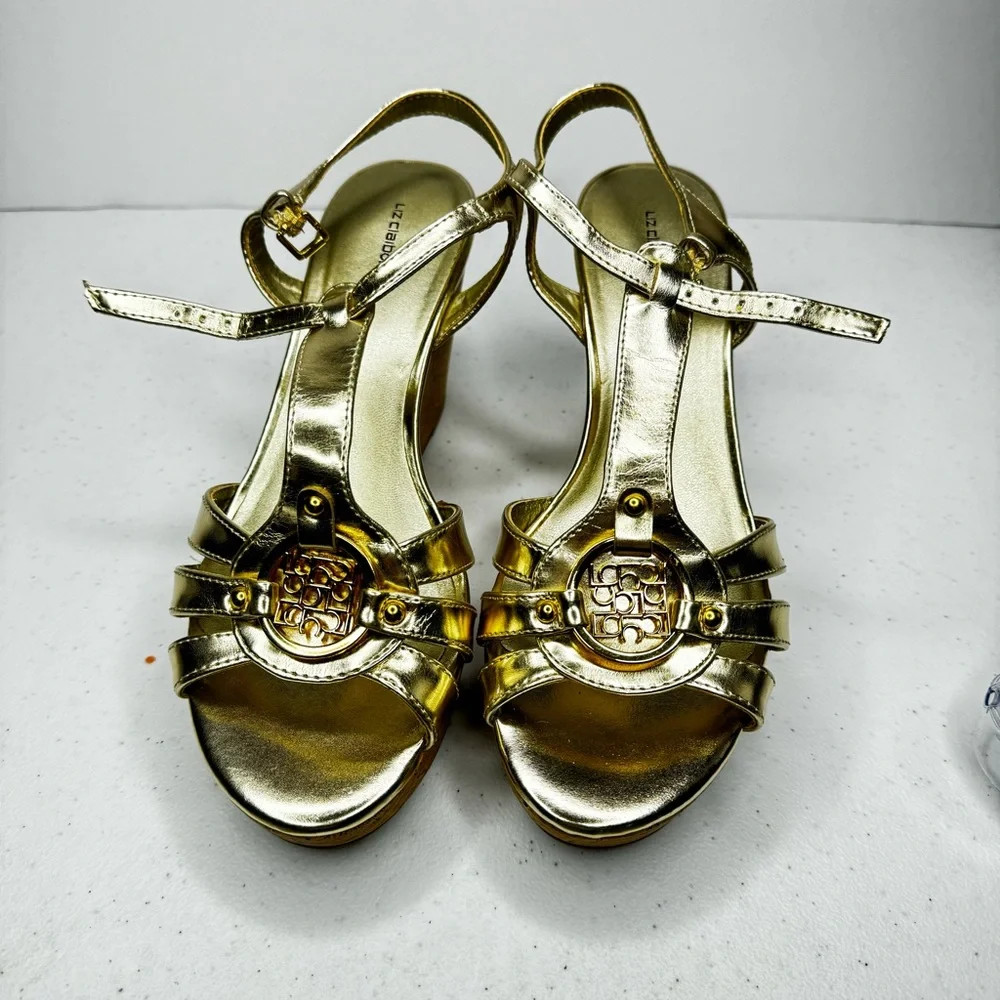 Liz Claiborne Kattie Metallic Gold Platform Cork Wedge Sandals Gold Medallion 9M